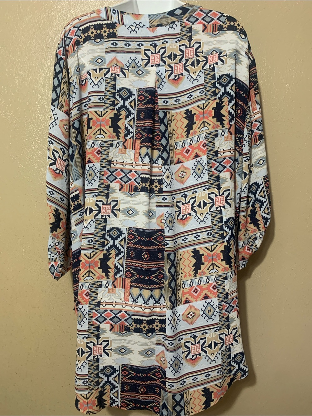 Cato 26/28W Aztec Patchwork Tunic in White, Navy & Tan - Picture 2 of 3